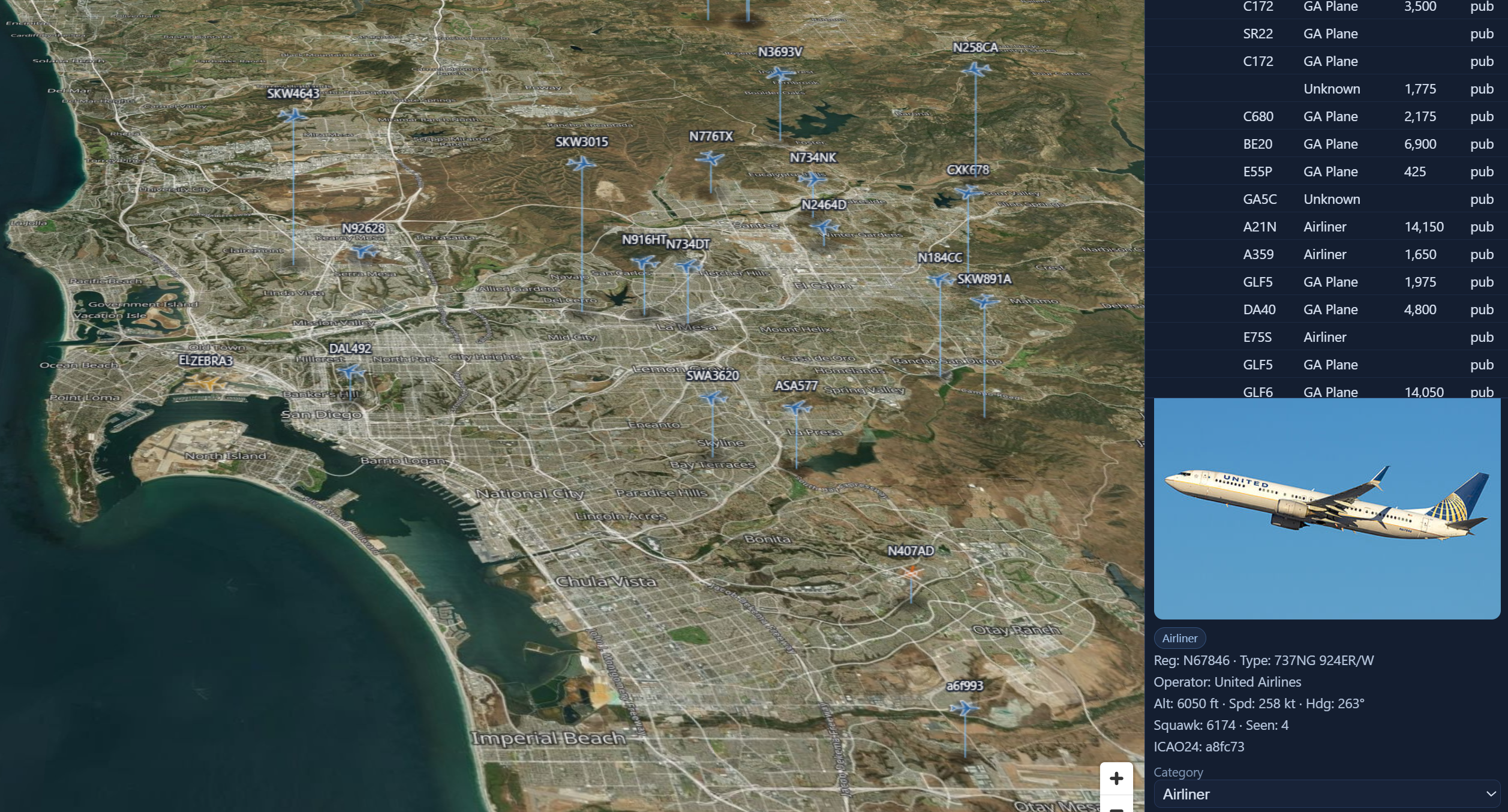 SquitterPro 2.5-D altitude view: aircraft on altitude stems over satellite terrain around San Diego