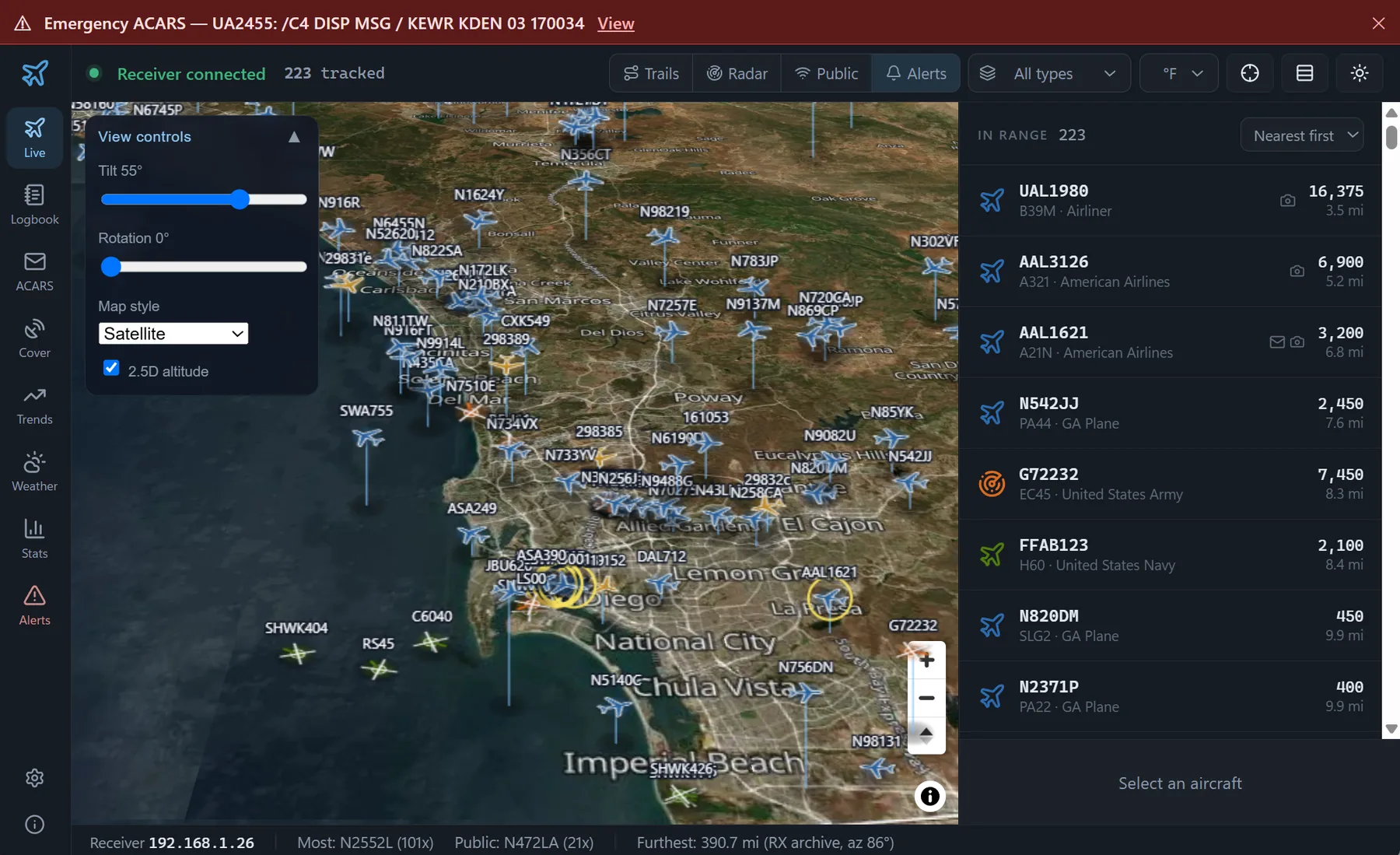 SquitterPro tracking 223 aircraft over San Diego in 2.5-D, each on a stem at its true altitude over satellite terrain, with an emergency ACARS alert across the top