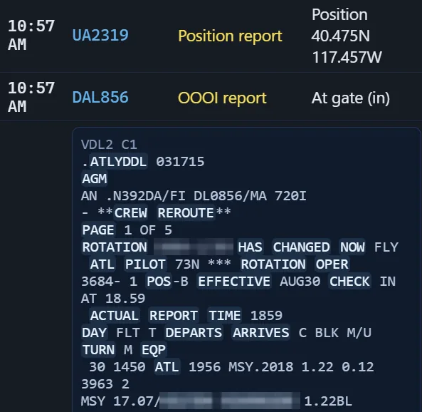 Decoded ACARS cockpit messages: a position report, an OOOI gate report, and the full text of a crew reroute, with readable words highlighted