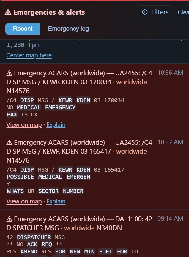Emergency ACARS messages flagged in red, including a possible medical emergency and a dispatcher message, each with View on map and Explain